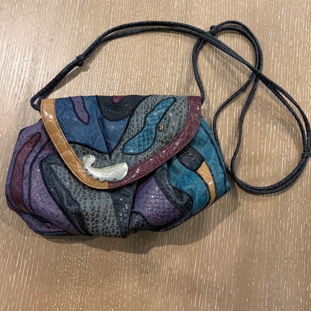 Vintage NAS Patchwork Leather Crossbody Bag Multicolor Boho Snakeskin Embossed